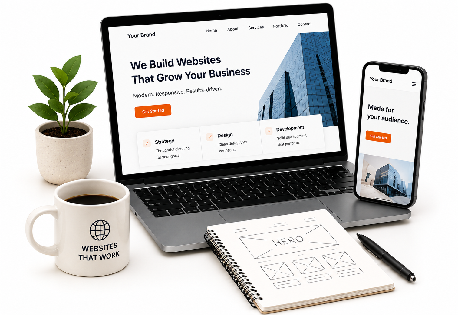 Laptop and phone showing a business website mockup with Strategy, Design, and Development sections, alongside a wireframe notebook, coffee mug reading Websites That Work, and a plant